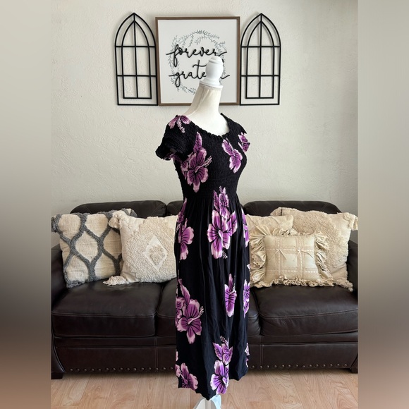Hawaii Aloha Dresses & Skirts - Hawaii Aloha Floral Print Midi Dress Ruched Bodice Beach Summer One Size Retro